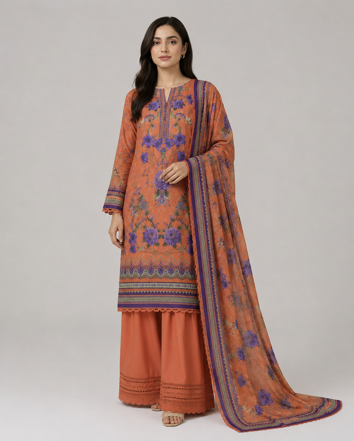 3PC UnStiched Lawn Printed