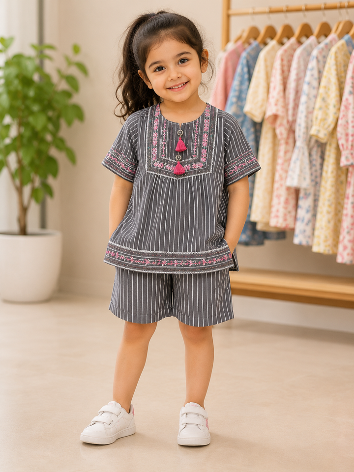 Girls Striped Embroidered 2PC Summer Set