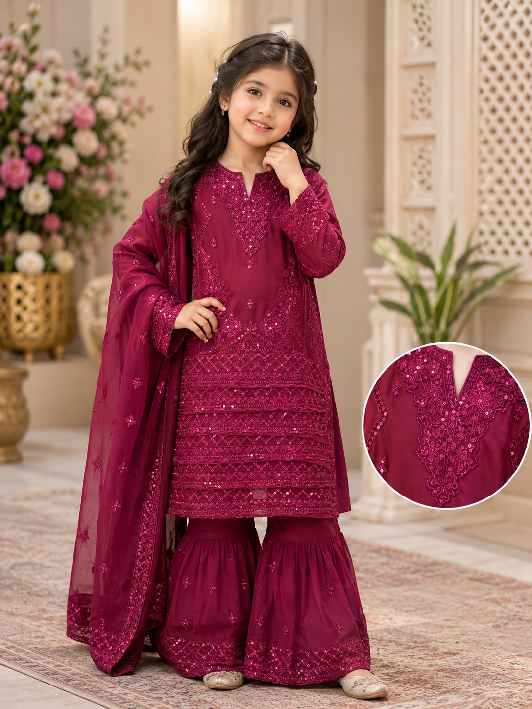Girls’ Embroidered Maroon Sharara Suit with Dupatta