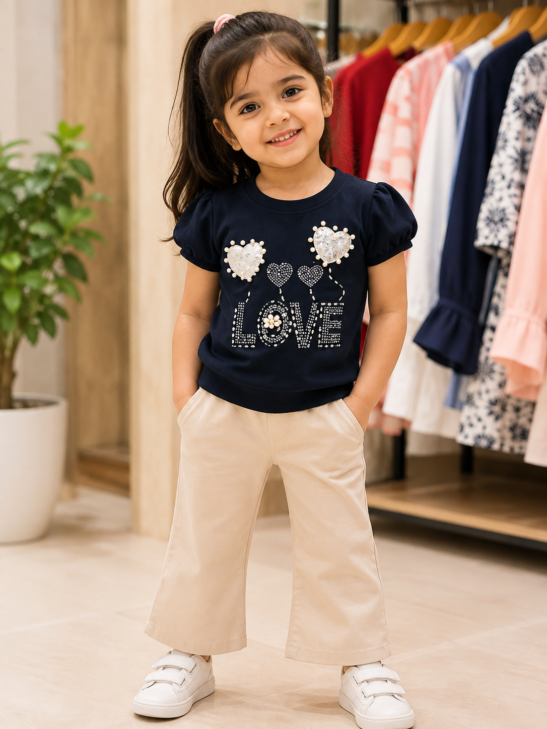 Girls Love Embellished Top & Wide-Leg Pants Set