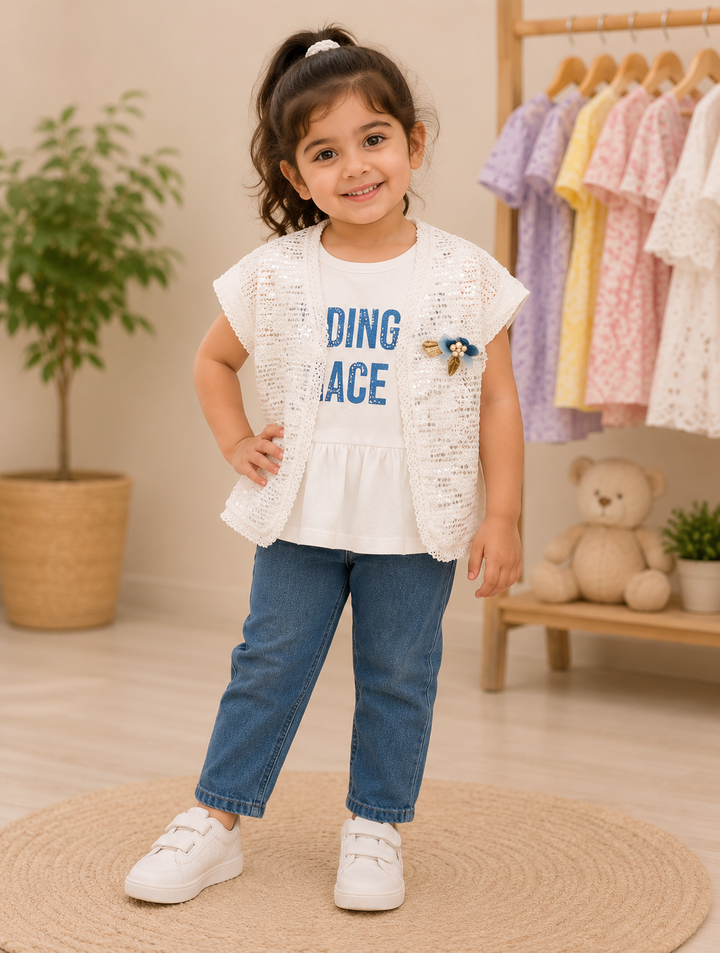 Girls White Lace Vest &amp; Denim Jeans 2PC Set