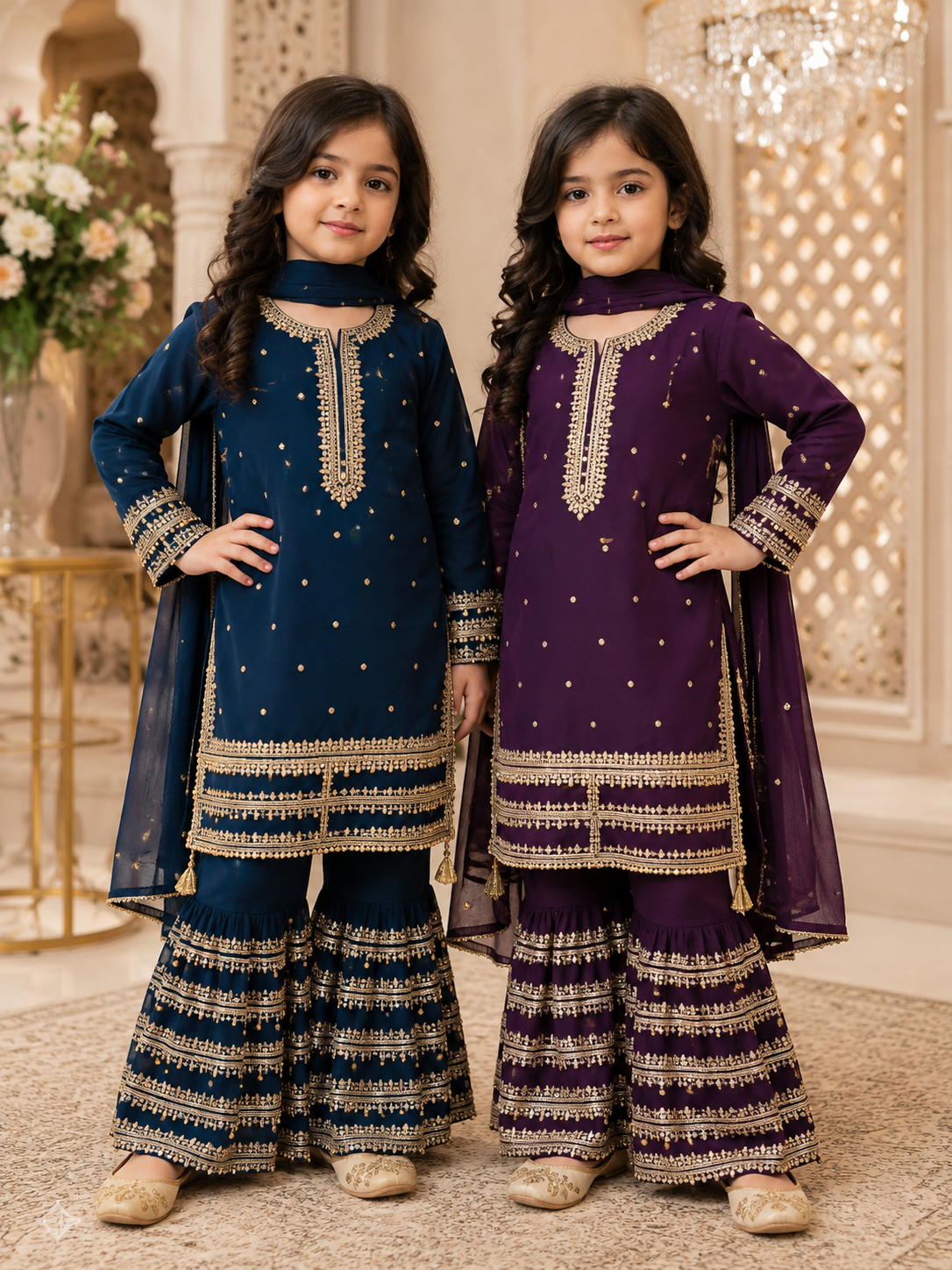 Girls’ Embroidered Chiffon/Chiffon-Style Kurta Trouser with Dupatta Set