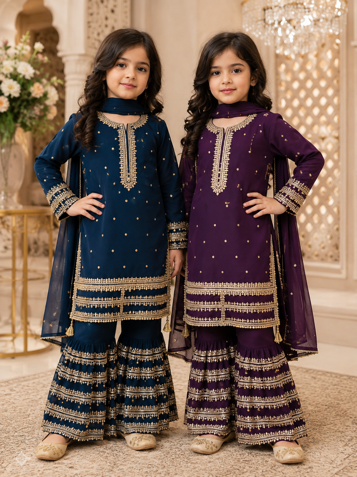 Girls’ Embroidered Chiffon/Chiffon-Style Kurta Trouser with Dupatta Set