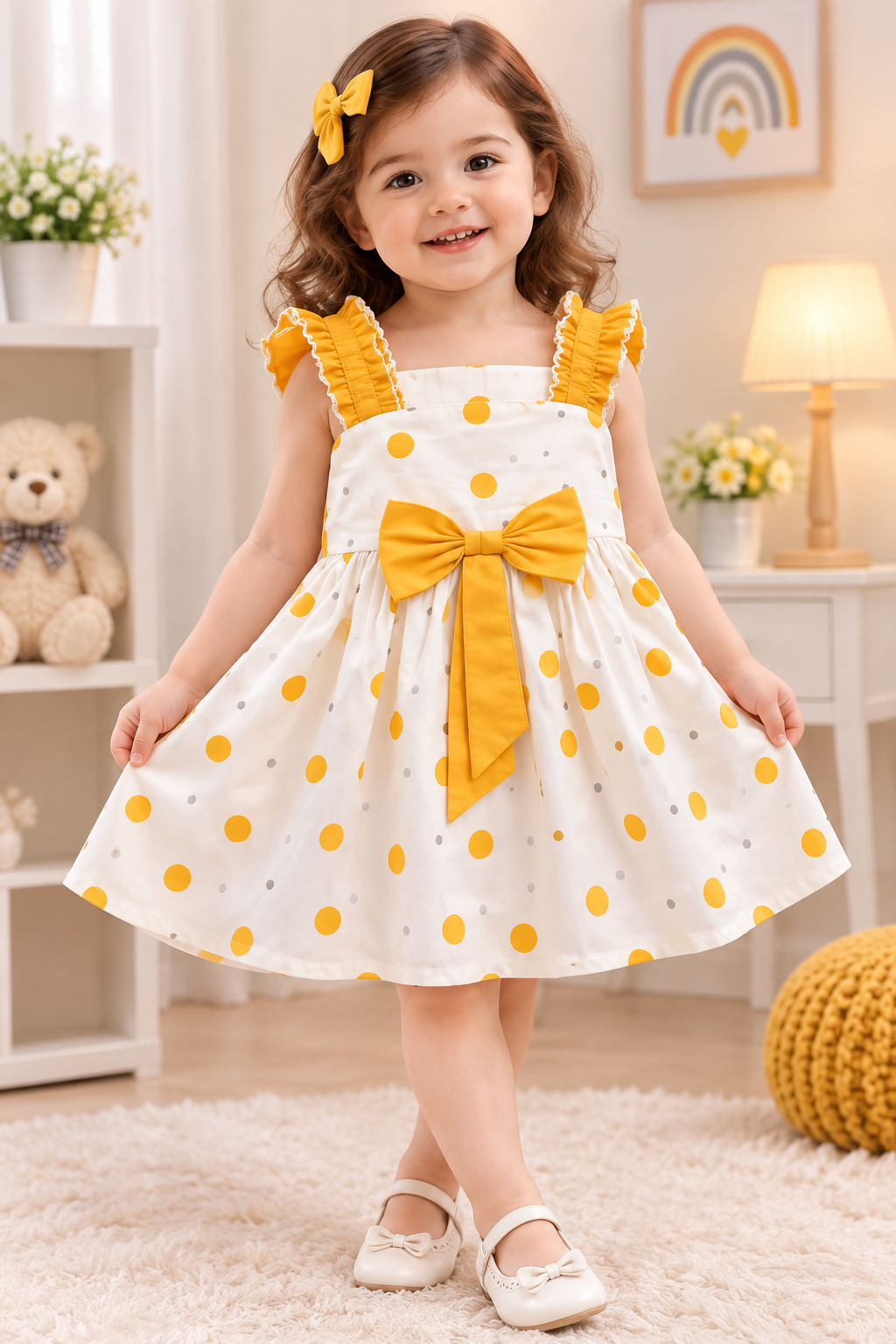 Girls Yellow Polka Dot Bow Dress