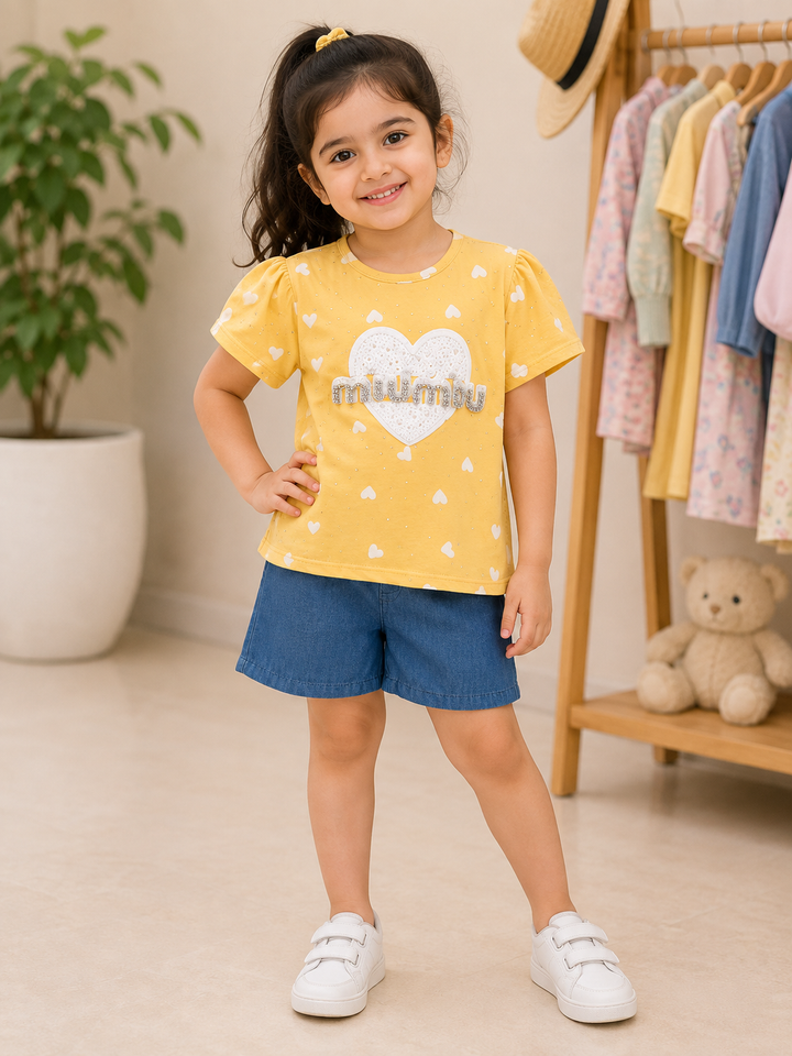 Girls Yellow Heart Print T-Shirt &amp; Denim Shorts Set
