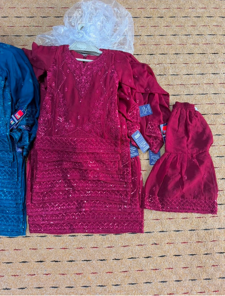 Girls’ Embroidered Maroon Sharara Suit with Dupatta