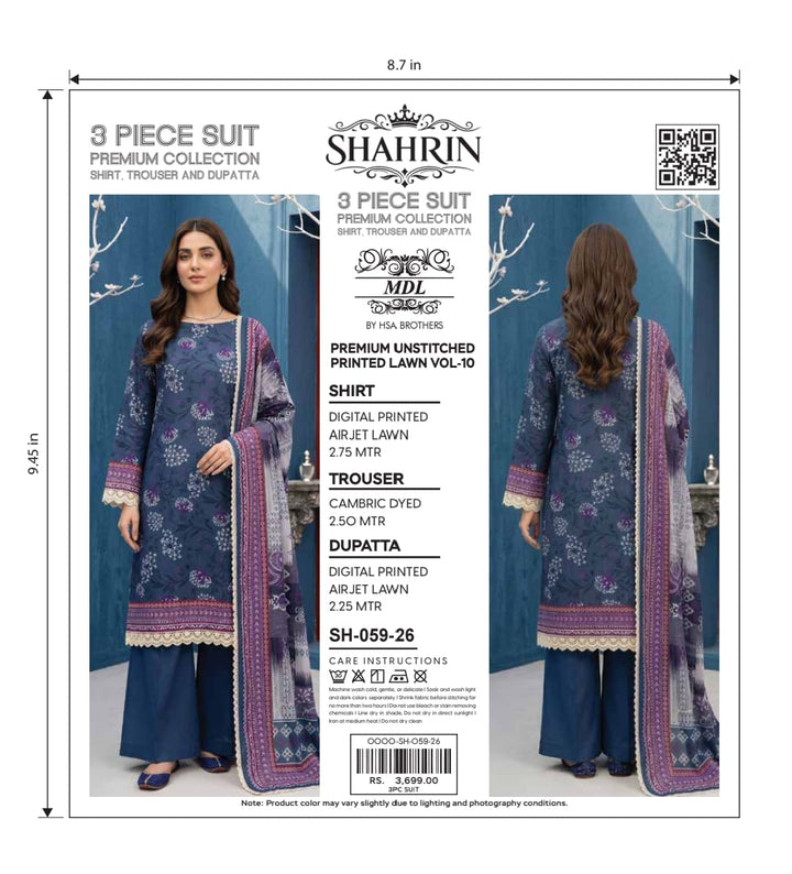 Shahrin 3-Piece Premium Unstitched Printed Lawn Suit – SH-055-26