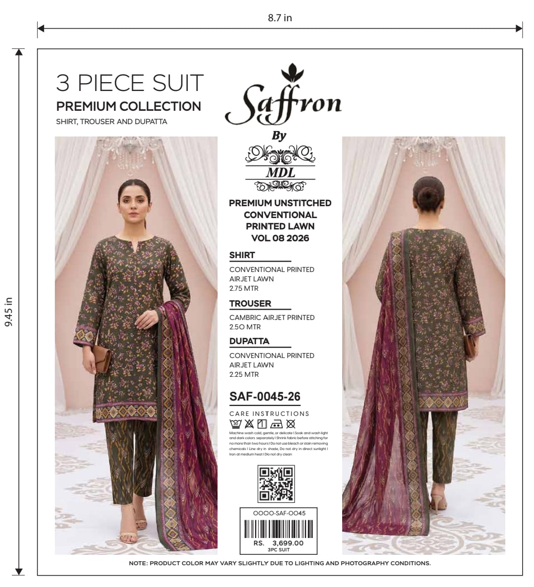 Saffron 3-Piece Premium Unstitched Printed Lawn Suit – SAF-0048-26