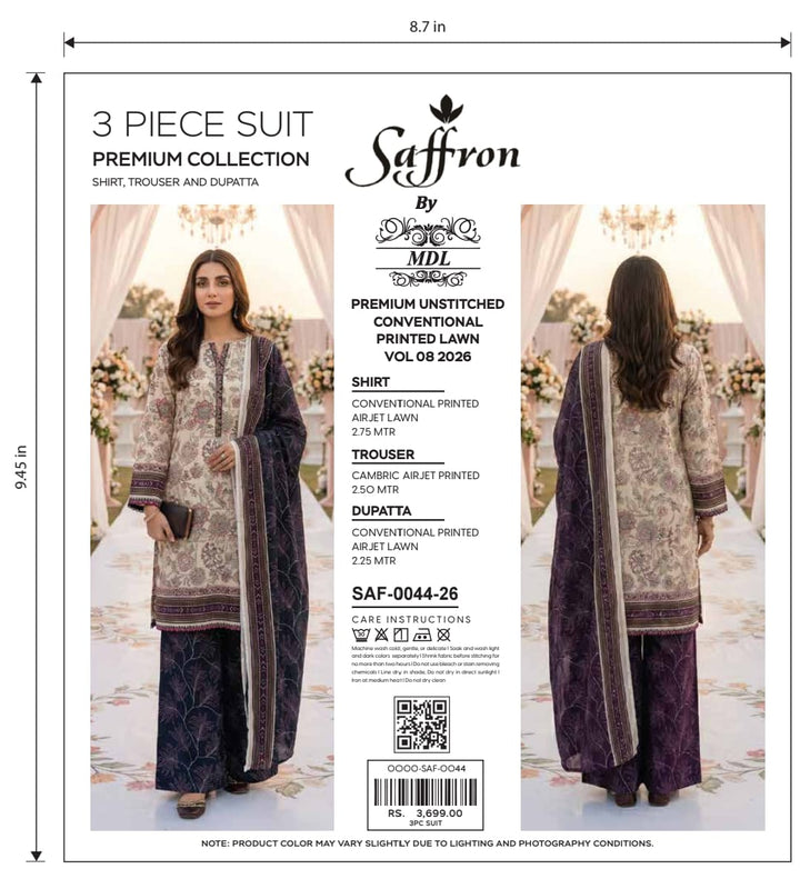 Saffron 3-Piece Premium Unstitched Printed Lawn Suit – SAF-0048-26