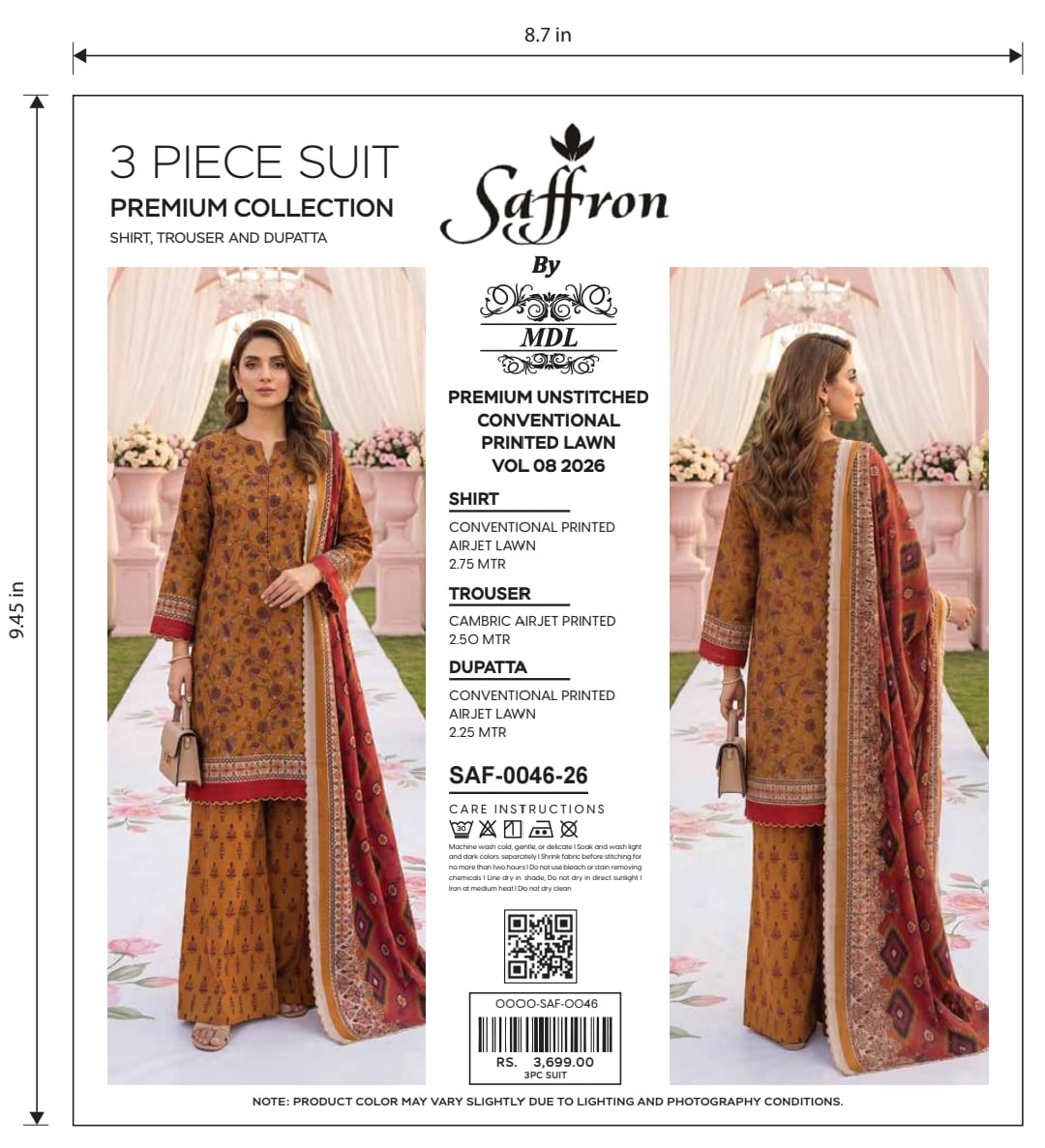 Saffron 3-Piece Premium Unstitched Printed Lawn Suit – SAF-0048-26