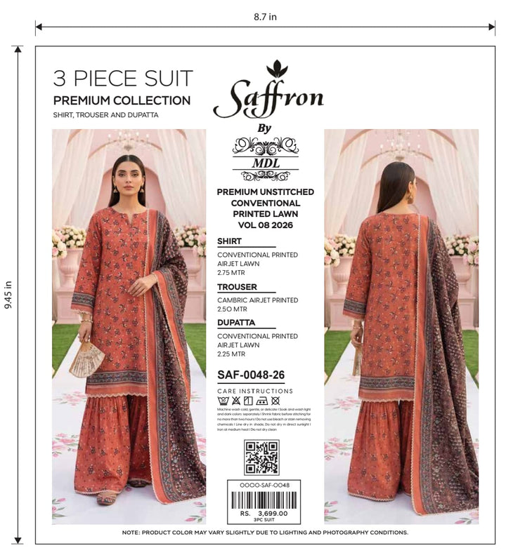 Saffron 3-Piece Premium Unstitched Printed Lawn Suit – SAF-0048-26
