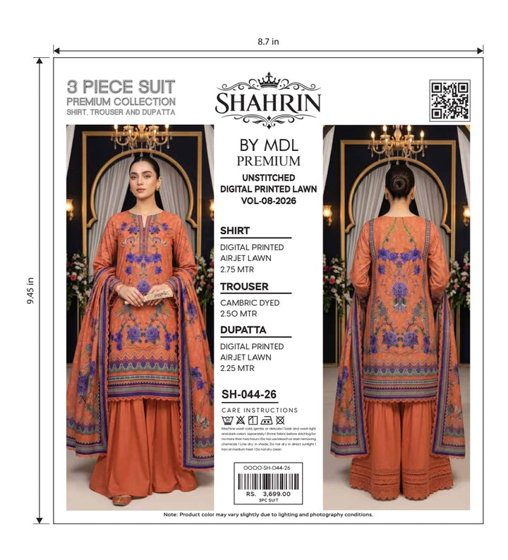 Shahrin 3-Piece Premium Unstitched Printed Lawn Suit – SH-055-26