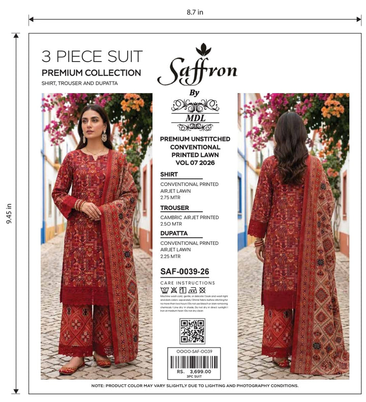 Saffron 3-Piece Premium Unstitched Printed Lawn Suit – SAF-0048-26