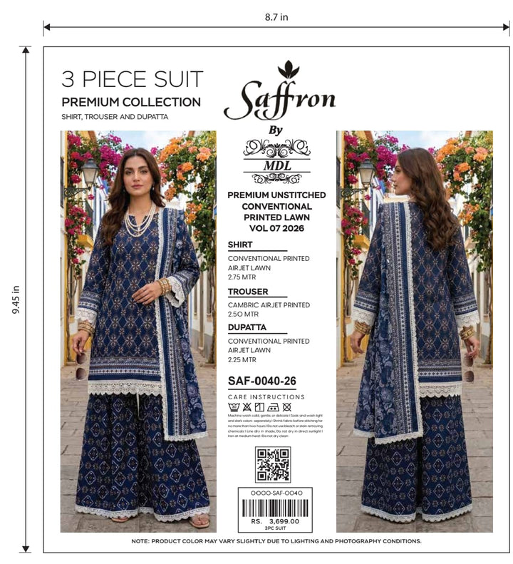 Saffron 3-Piece Premium Unstitched Printed Lawn Suit – SAF-0048-26