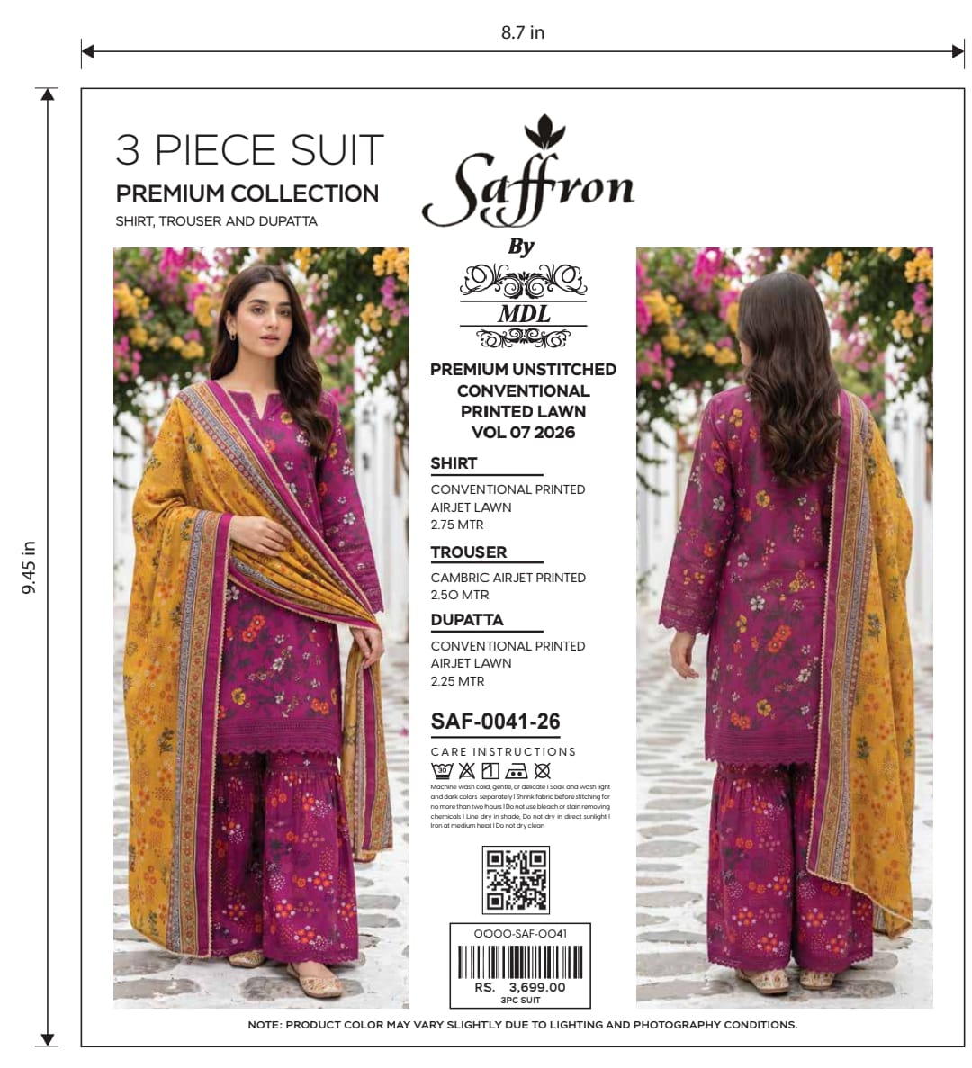 Saffron 3-Piece Premium Unstitched Printed Lawn Suit – SAF-0048-26