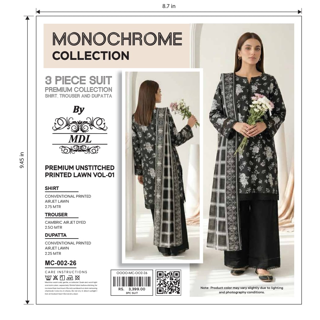 Monochrome 3-Piece Premium Unstitched Printed Lawn Suit – MC-003-26