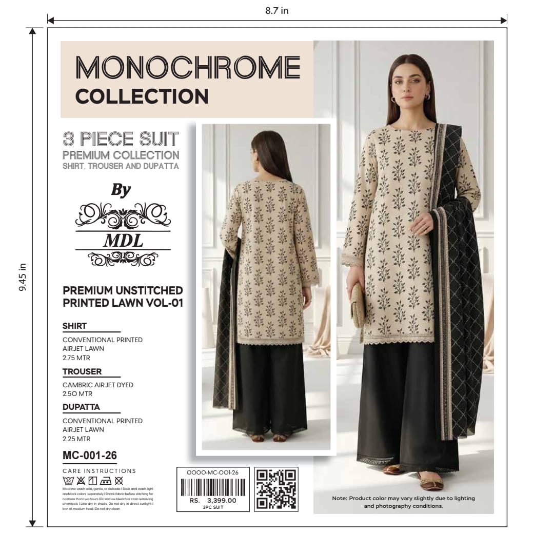 Monochrome 3-Piece Premium Unstitched Printed Lawn Suit – MC-003-26
