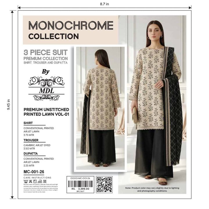 Monochrome 3-Piece Premium Unstitched Printed Lawn Suit – MC-003-26