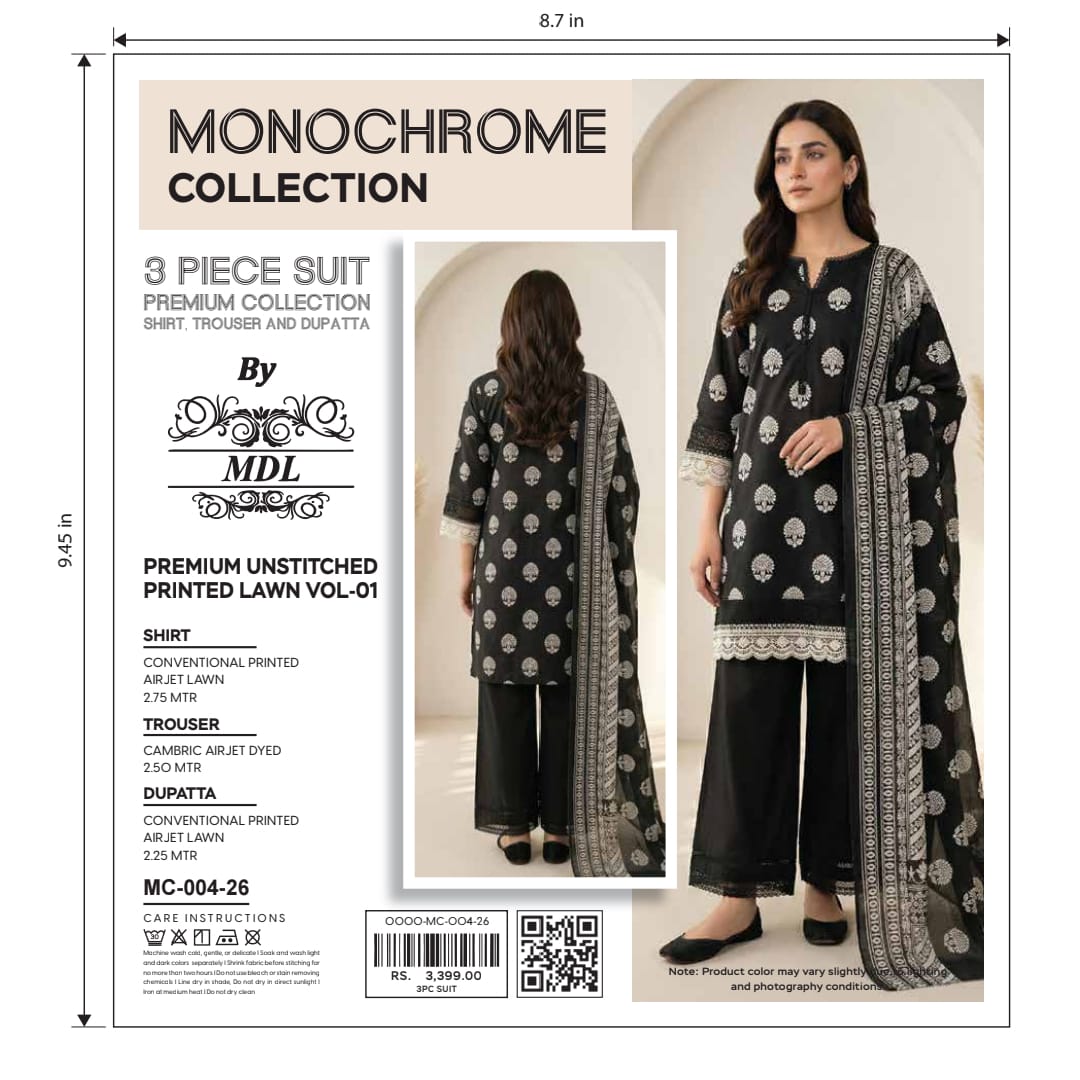Monochrome 3-Piece Premium Unstitched Printed Lawn Suit – MC-003-26