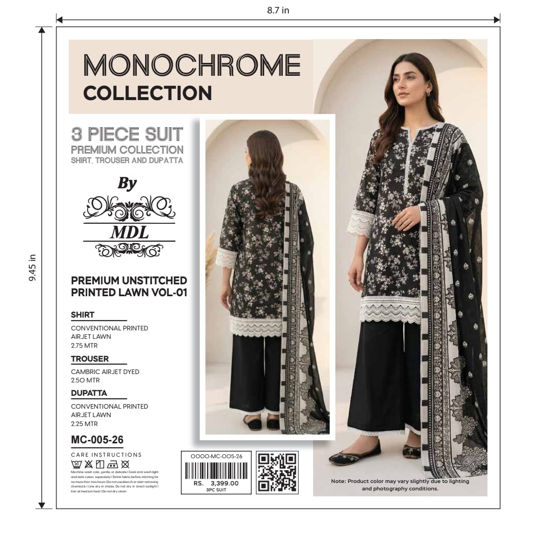 Monochrome 3-Piece Premium Unstitched Printed Lawn Suit – MC-003-26