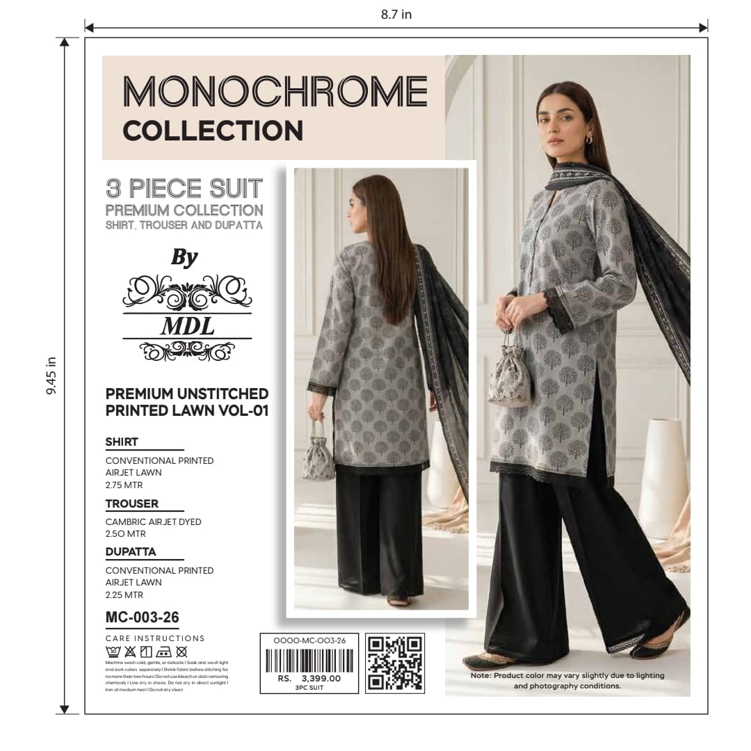Monochrome 3-Piece Premium Unstitched Printed Lawn Suit – MC-003-26