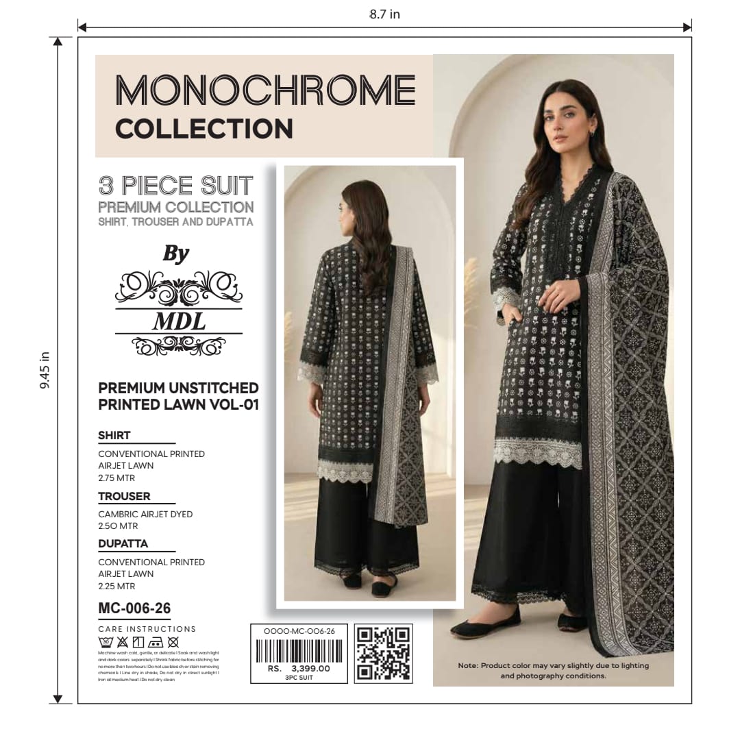 Monochrome 3-Piece Premium Unstitched Printed Lawn Suit – MC-003-26