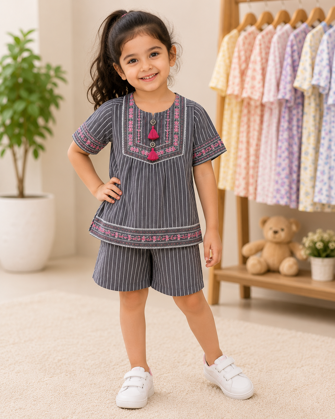 Girls Striped Embroidered 2PC Summer Set